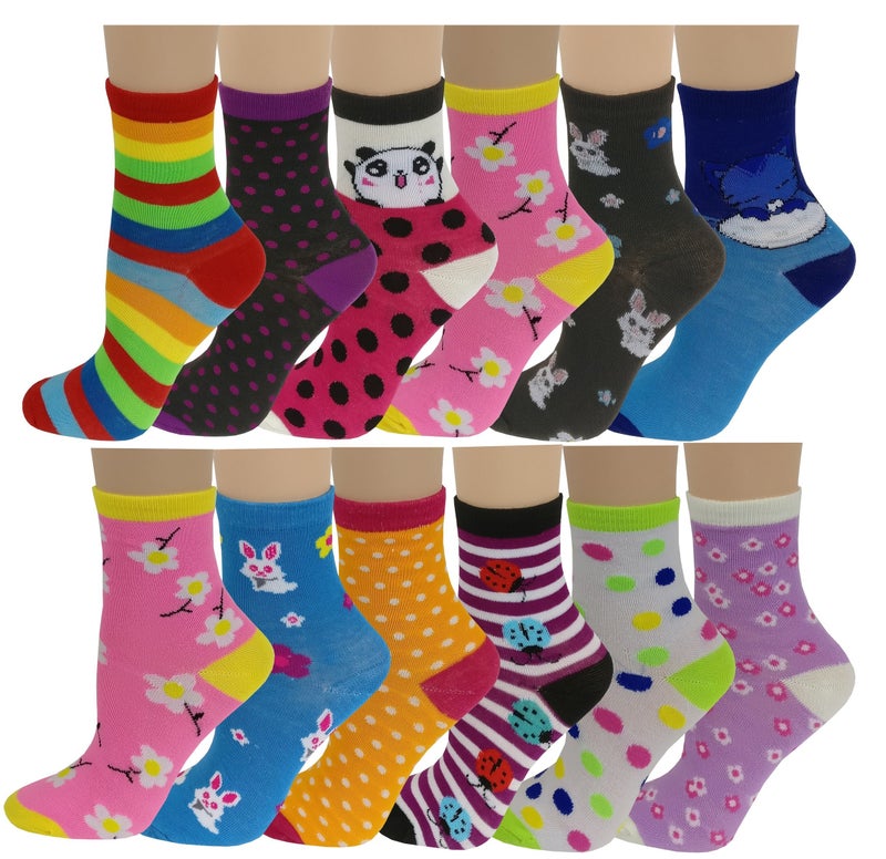 Ayla 12 Pairs Pack Kids Girls Colorful Creative Fun Novelty Design Crew Socks (4-6, Assorted Design)